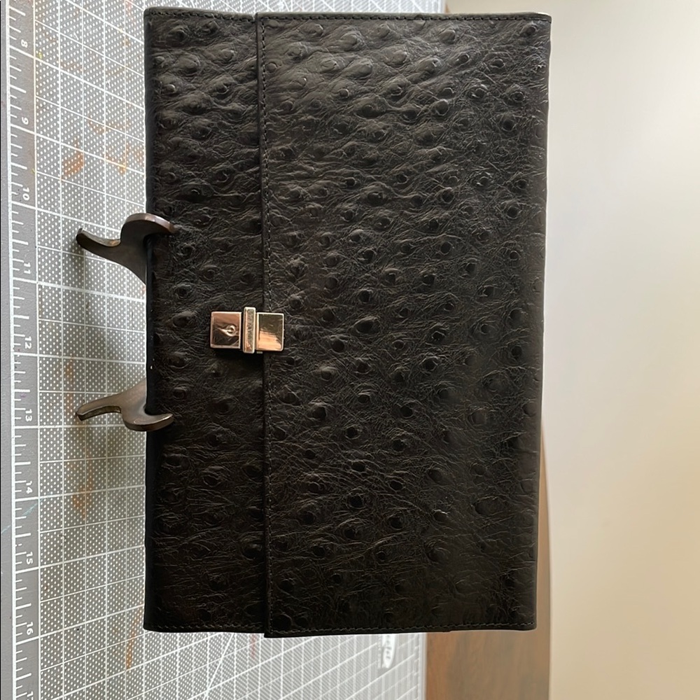 Black Textured Leather Briefcase with Gold Clasp